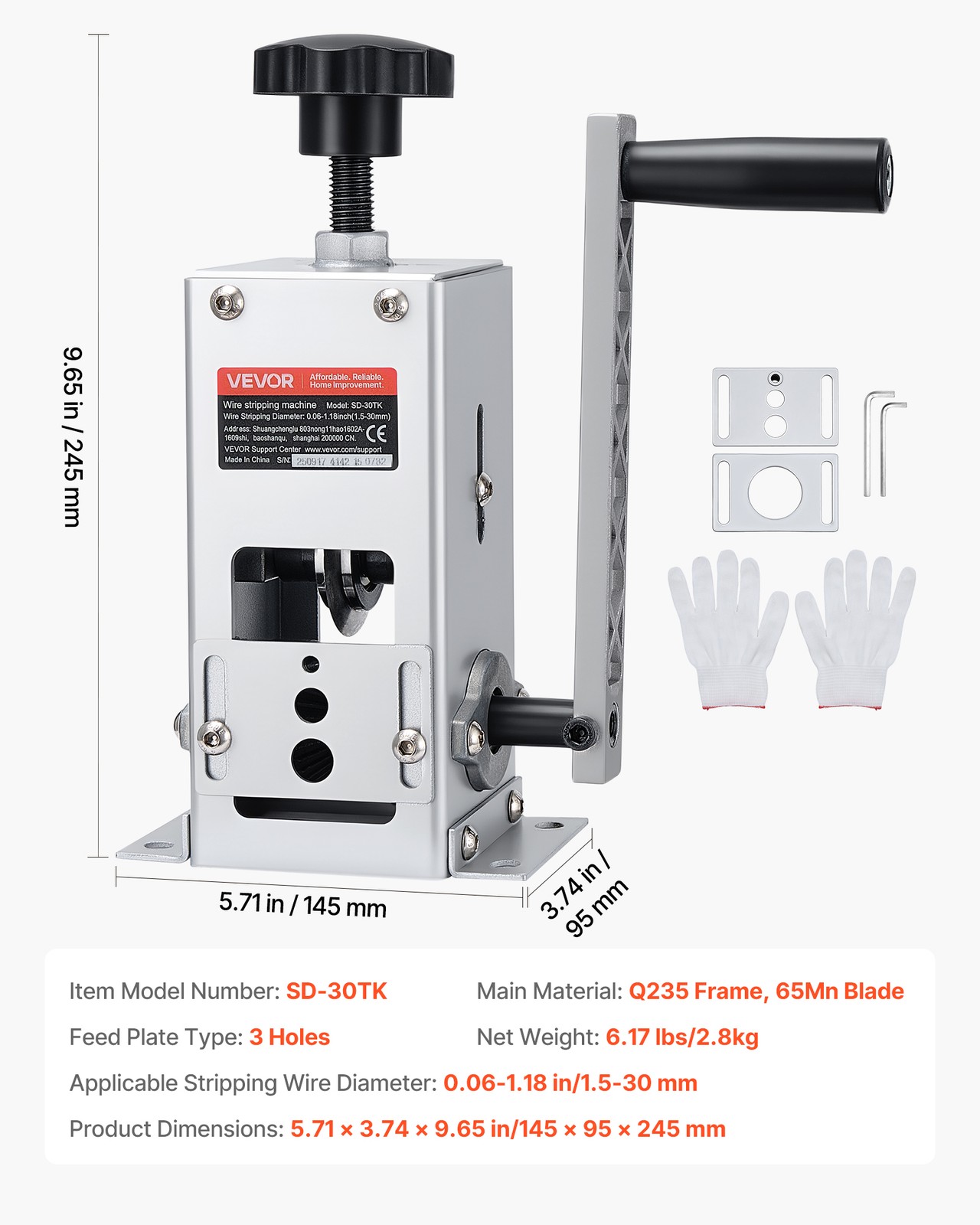 VEVOR Manual Wire Stripper Machine Stripping 0.06-1.18 in Hand or Drill Powered