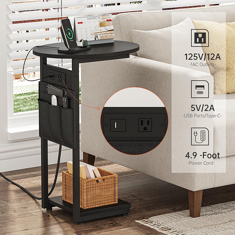 C Shaped End Table With Charging Station Small Side Table Round Couch Black