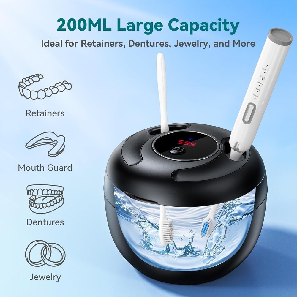Quiet Ultrasonic Retainer Cleaner with 200ML Capacity & Smart Digital Timer