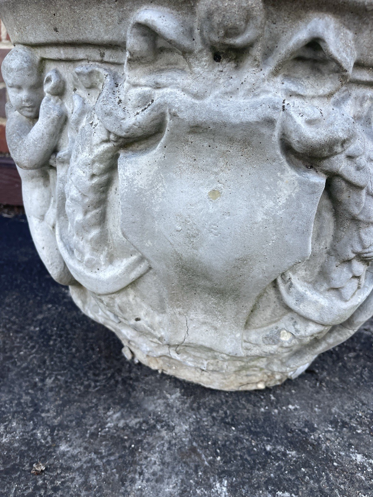 Antique Weathered Concrete Garden Urn Planter 18” Round 14” Tall Patina Cherub