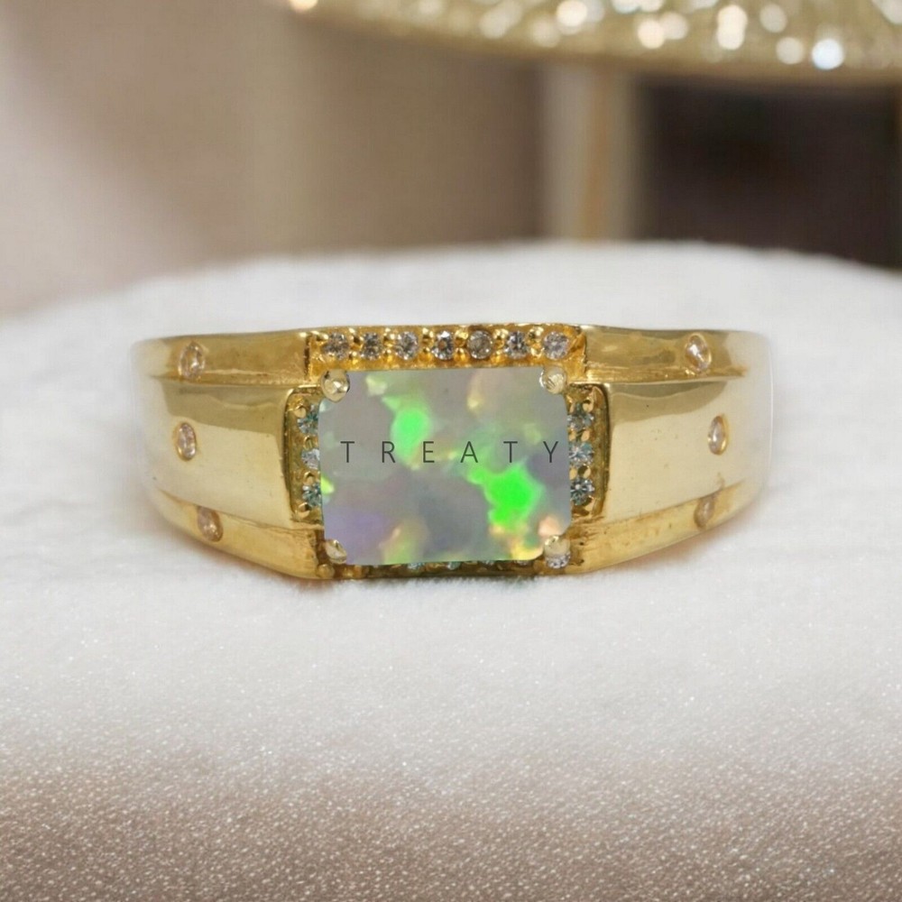 Opal Emerald Cut Gemstone With 14K Solid White Gold Ring For Men's #168