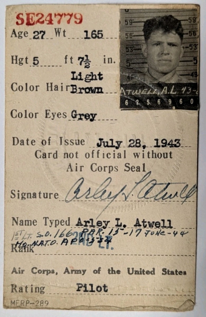 WW2 AAF Pilot ID Card - Arley L. Atwell 303rd Bomb Gp 360th Squadron 1943 XB