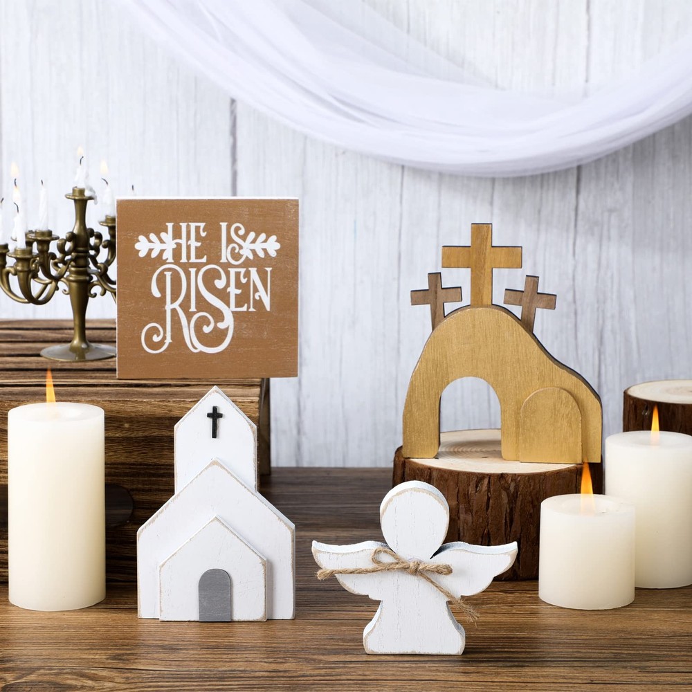 Glenmal 4 Pcs Easter Tiered Tray Decor He is Risen Religious Brown, White