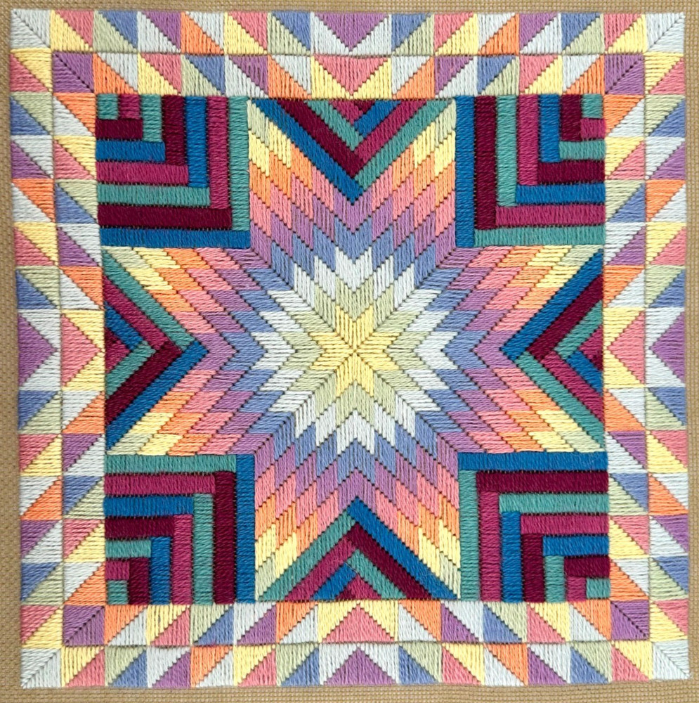 Vintage Needlepoint Star Geometric Rainbow Textile Finished Needlework