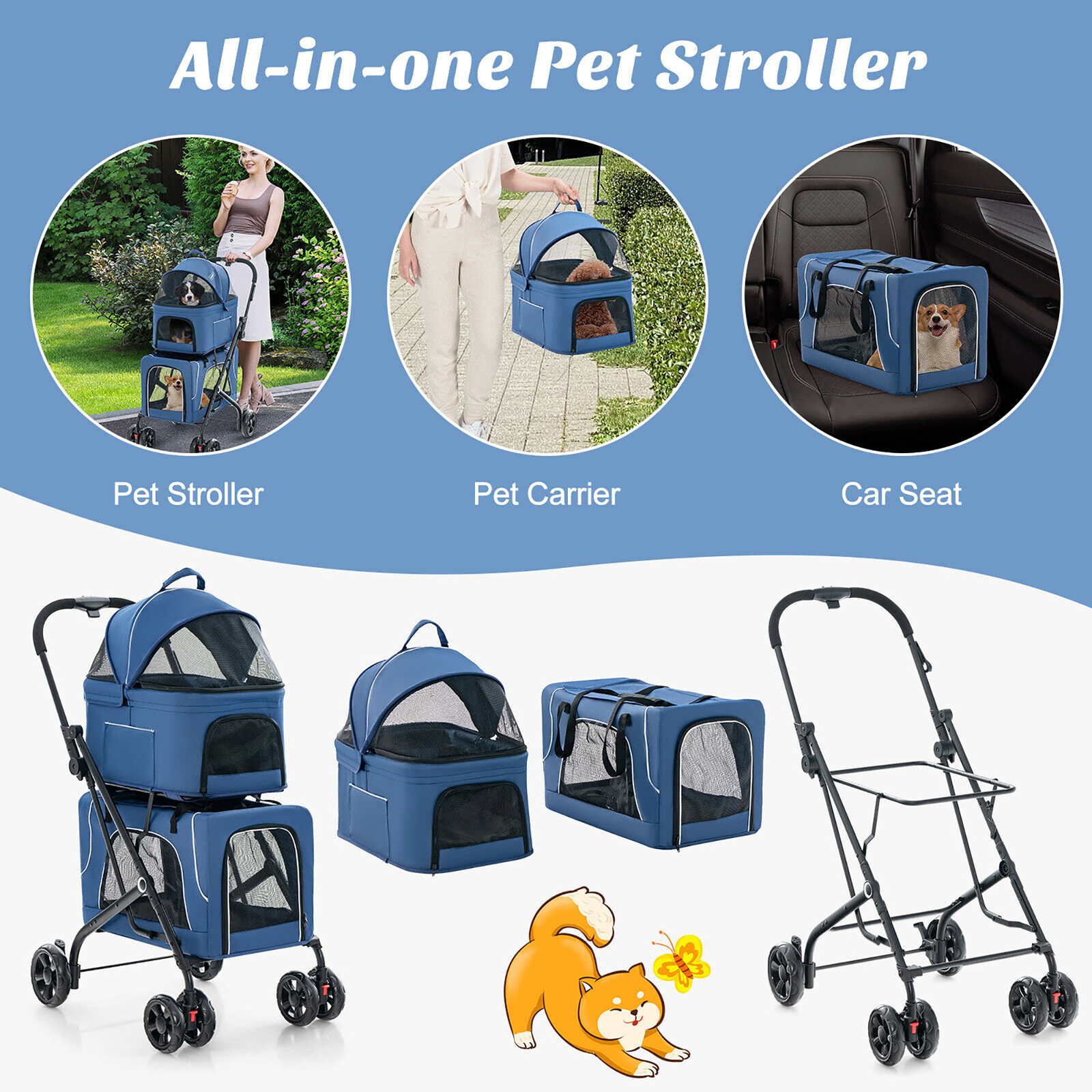 Double Pet Stroller for 2 Dogs or Cats w/ 2 Detachable Carriers Safety Belt Blue