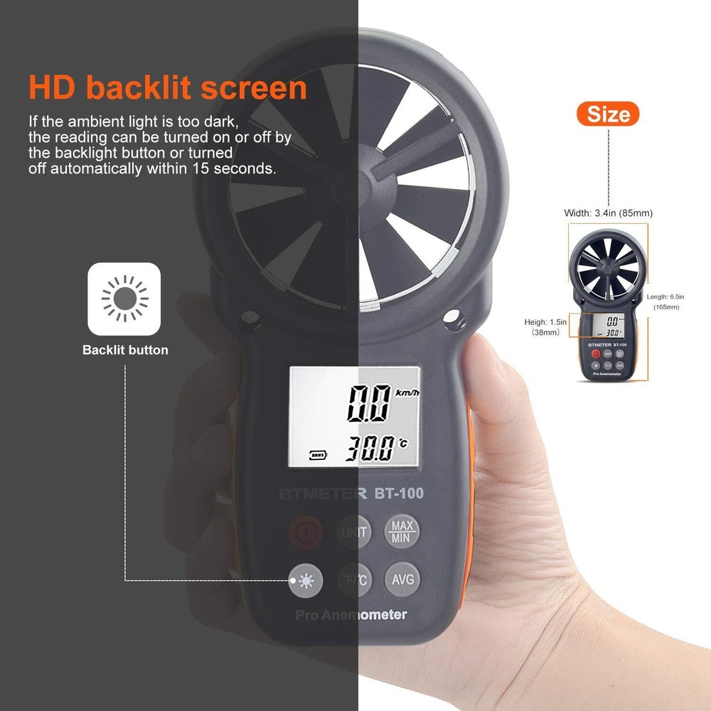 BTMETER BT-100 Handheld Anemometer, Digital Wind Speed CFM Anemometer