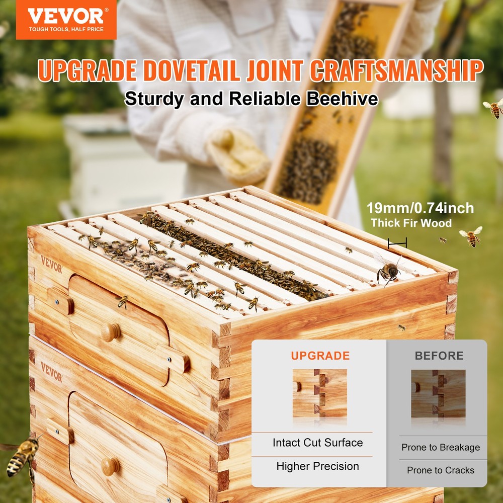 VEVOR Bee Hive Langstroth Kit 20 Deep & 10 Medium Frames with Acrylic Windows