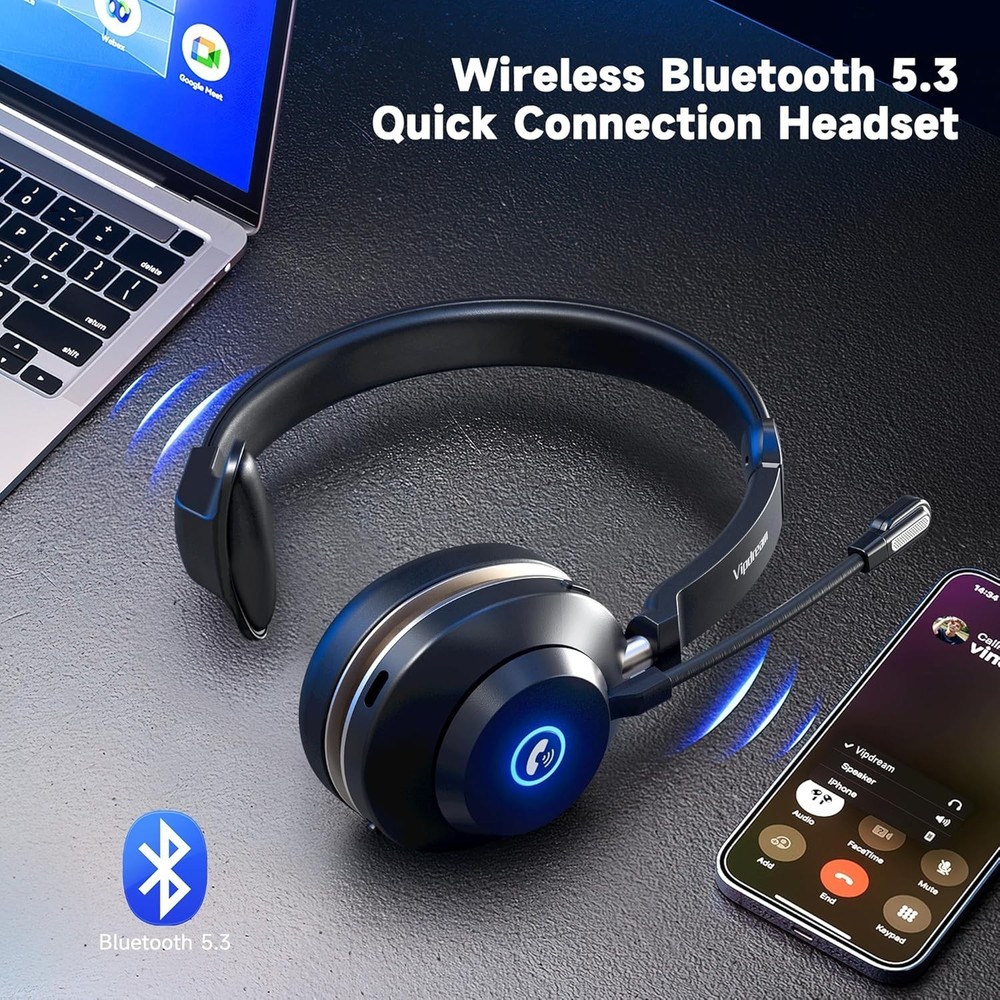 Vipdream Wireless Headset with Microphone for Work, Bluetooth 5.3 Computer Heads