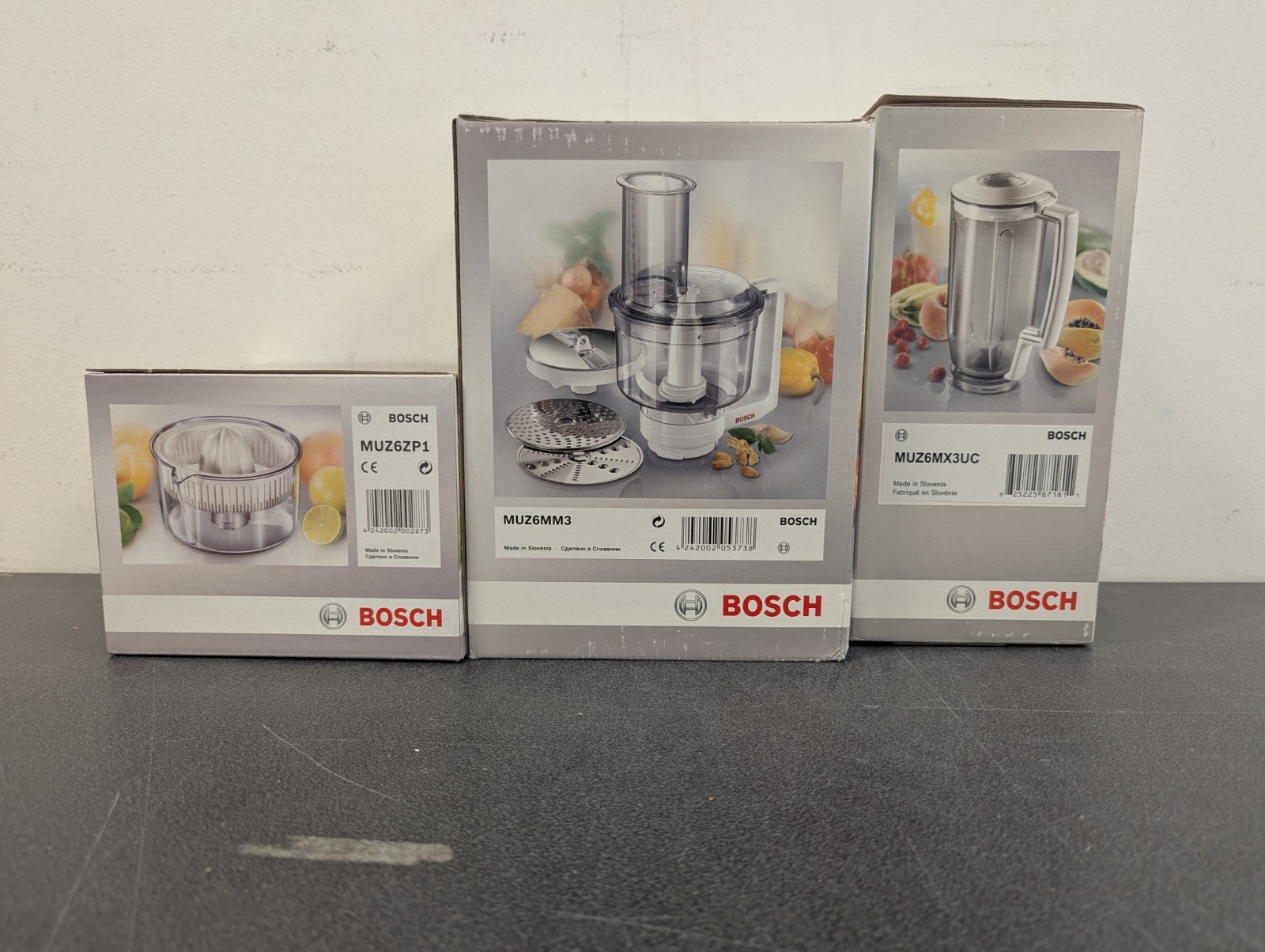 Bosch 3pc Bundle, Universal Mixer, Plastic Mixer Attachment, Citrus Press, New