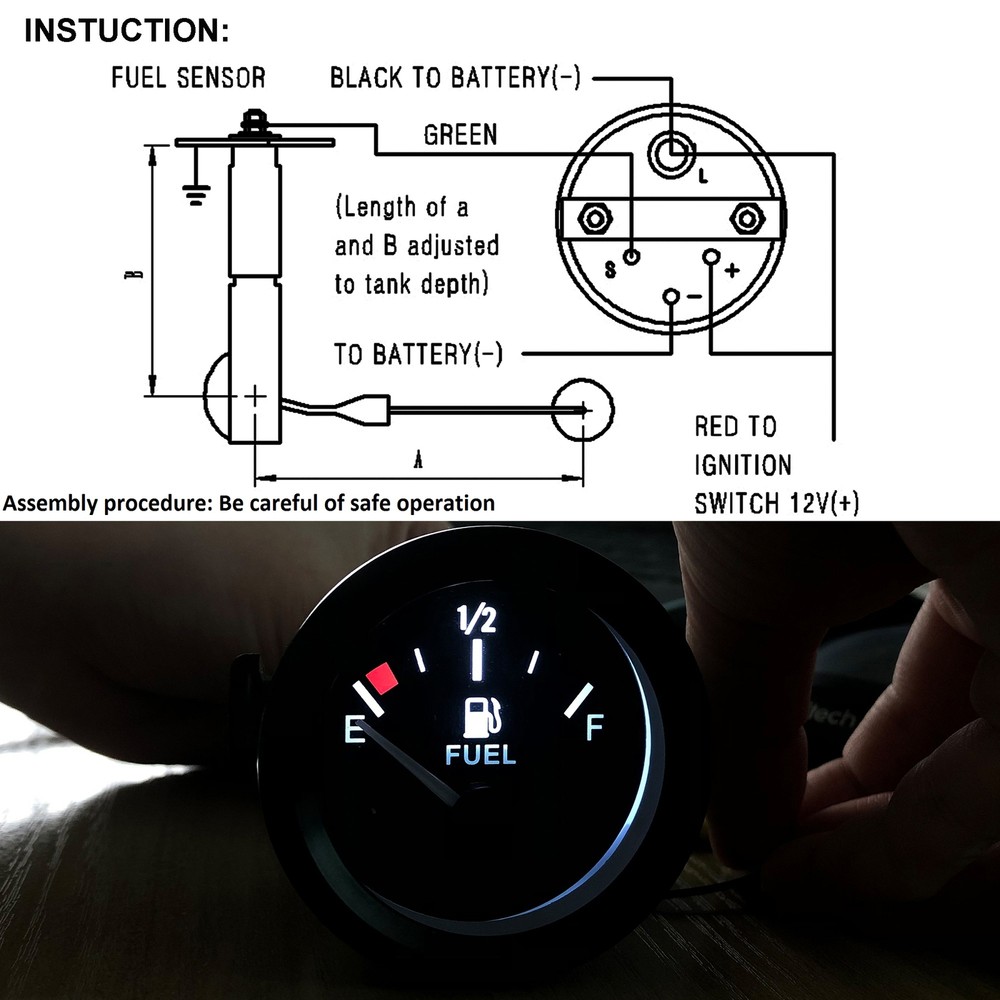 12V 2"52mm Fuel Level Gauge Meter W/Unit Fuel Level Sensor E-1/2-F Pointer