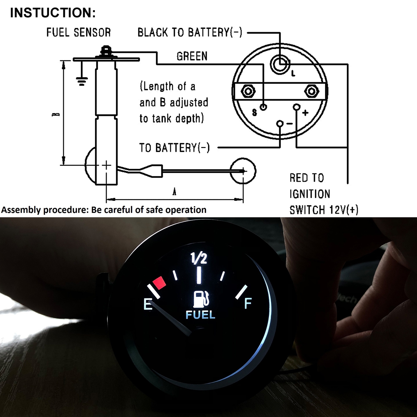 2"52mm Fuel Level Gauge Kit W/Unit Fuel Level Sensor E-1/2-F Pointer 12V