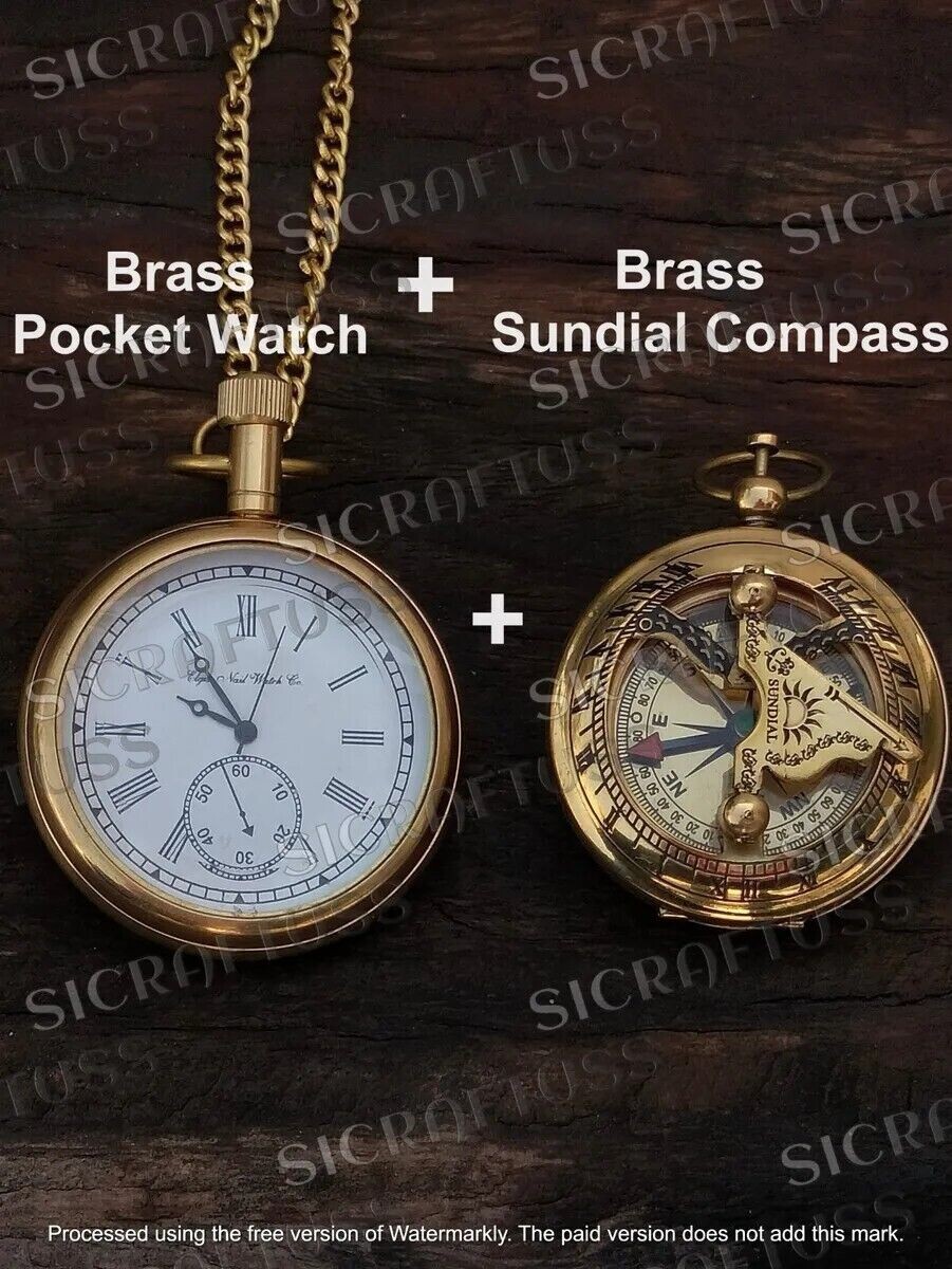 Antique Vintage Elgin Brass Pocket Watch With Brass Pocket Sundial Compass Gift.