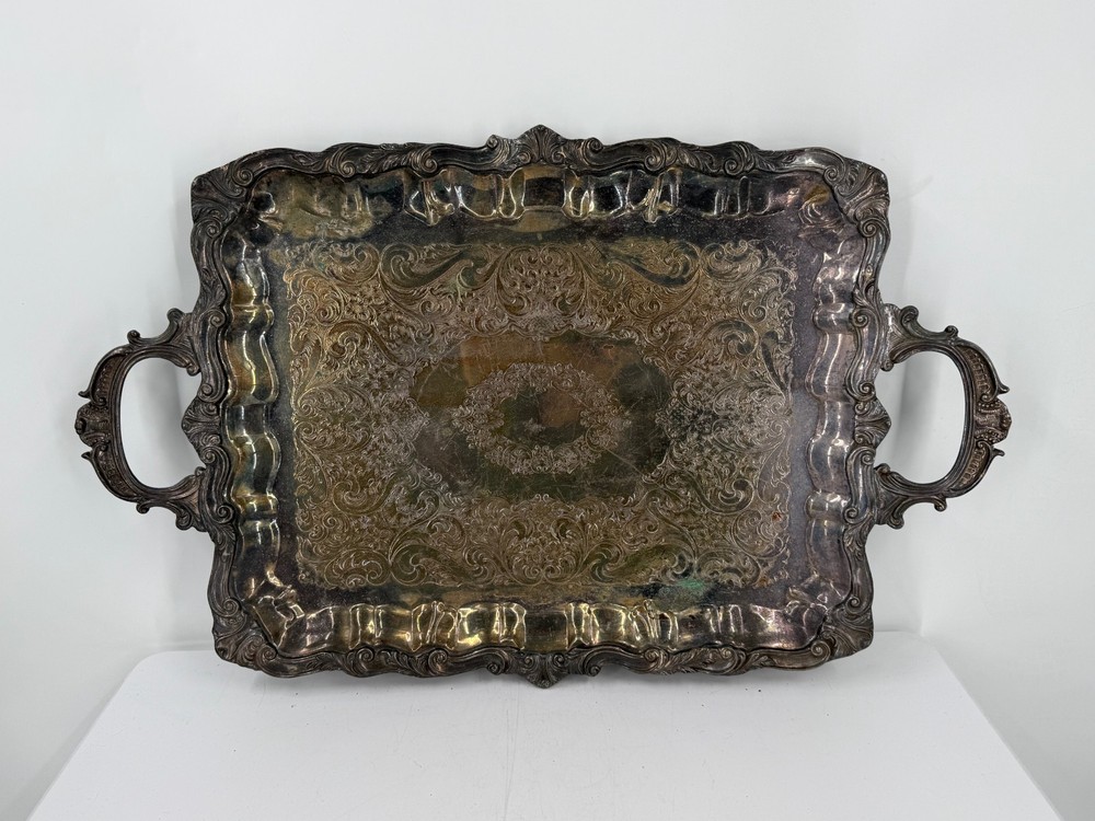 Vintage Silver Plated Copper Silver On Copper Ornate Engraved Serving Tray-25"