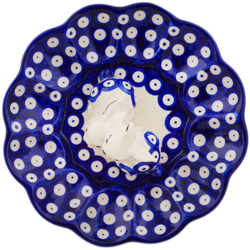 Polish Pottery Egg Plate 8" Blue Eyed Peacock