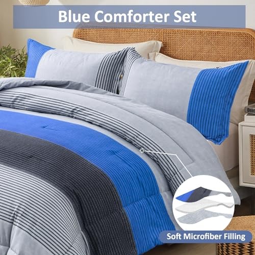 Comforter Set Reversible Grey Striped Patchwork Alternative Queen Blue