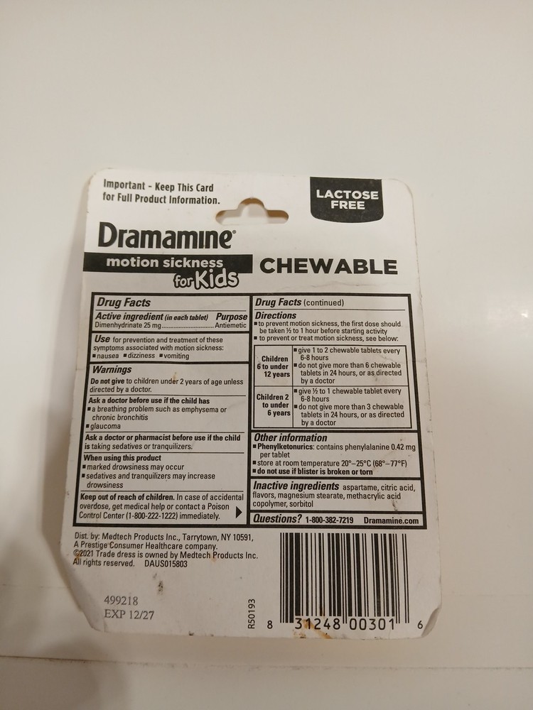 SM Dramamine Kids Chewable Motion Sickness Relief Tablets for Nausea, Grape, 8ct