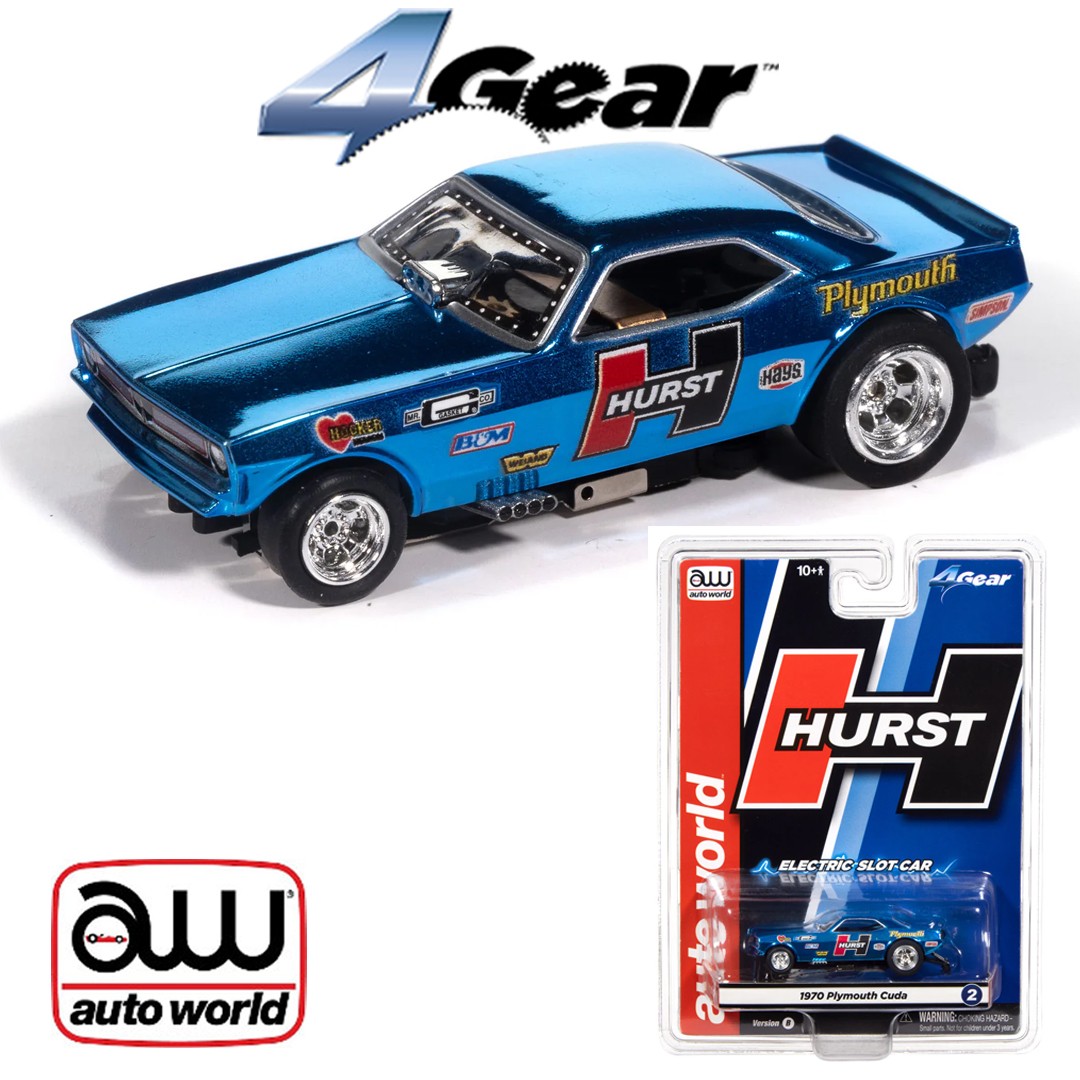 Auto World 4Gear 1970 Plymouth Barracuda Drag Hurst Shifters Blue HO Slot Car