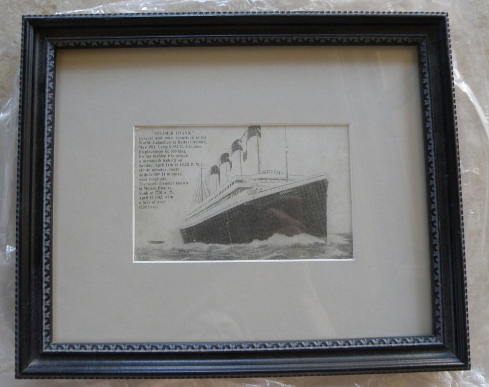 FRAMED TITANIC POSTCARD POSTMARKED 1918 WESTBROOK, ME, 2-sided frame