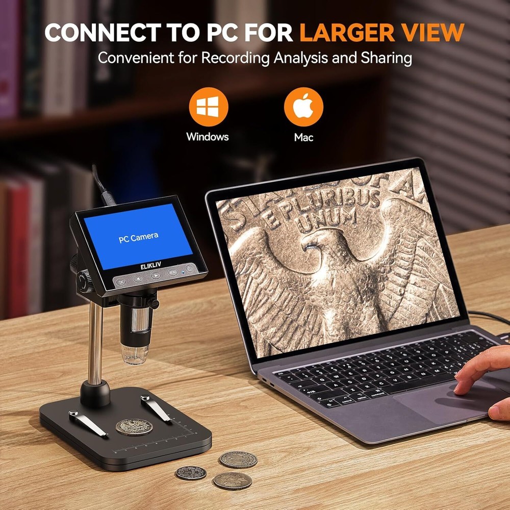 LCD Digital Coin Microscope - 1000x Coin Magnifier with 8 Adjustable LED Lights