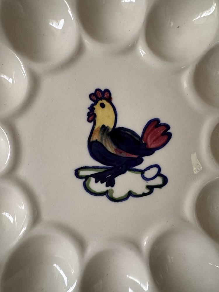 Mid Century Ceramic Painted Chicken / Rooster Deviled Egg Plate, Marked With PV