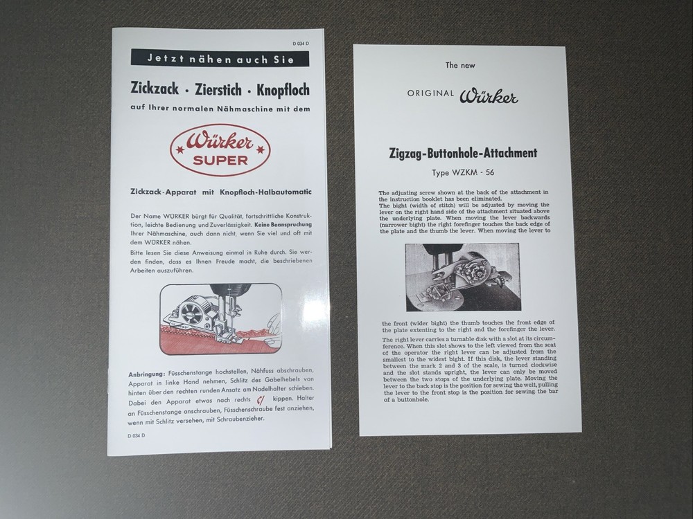 Singer / Würker / Pfaff ZigZag Buttonhole Attachment Instruction Booklet GER/ENG