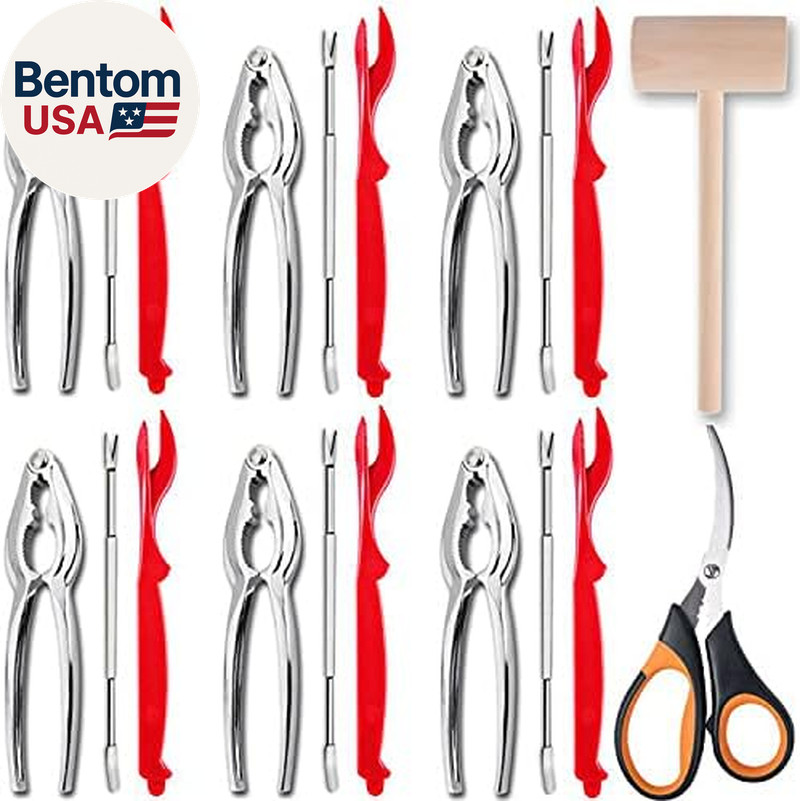 21 Pcs Seafood Tools Set Nut Cracker Set Includes 6 Crab Crackers, 6 Forks, 6 Lo
