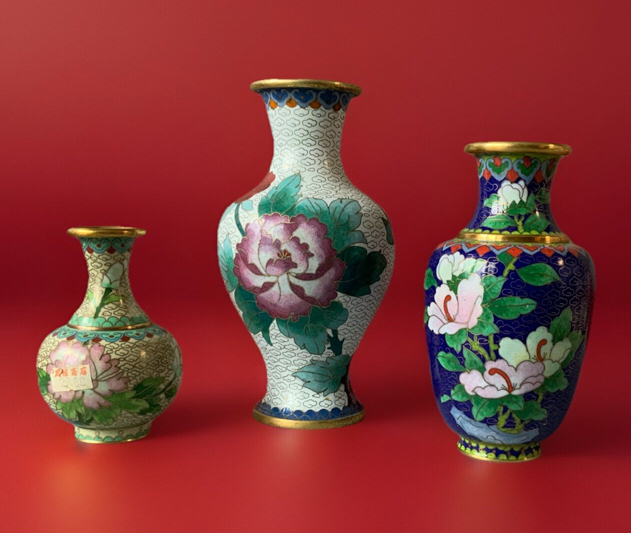 Lot Of 3 ASIAN CLOISONNE Enamel On Brass Variety Shapes Colors Vases Vintage