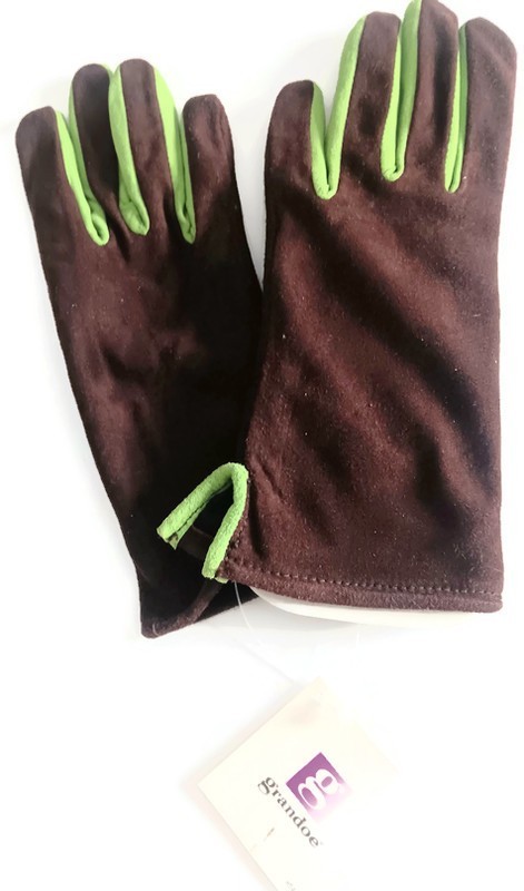Woman's GRANDOE Suede Gloves Brown/Lime Trim,Small