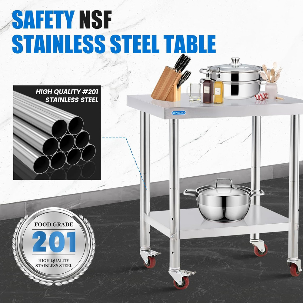 Stainless Steel Table for Prep & Work with 4 Caster Wheels with Adjustable Under