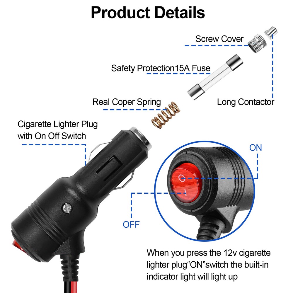 2X 12V-24V 3.28FT Car Cigarette Lighter Socket Plug Connector With On/Off Switch
