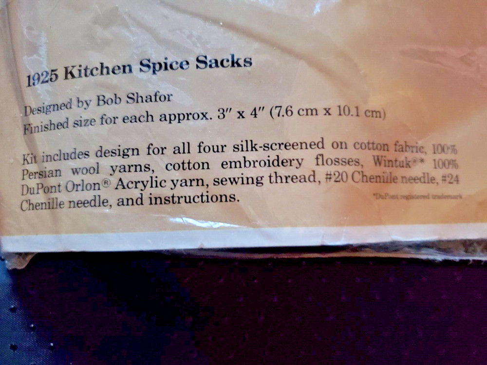 Creative Circle "Kitchen Spice Sacks" Embroidery Kit Size Each 3" x 4" Makes 4