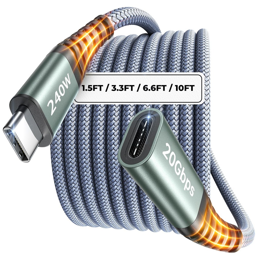 AINOPE USB C Extension Cable 6.6FT, 20Gbps/240W USB3.2 Type C Grey