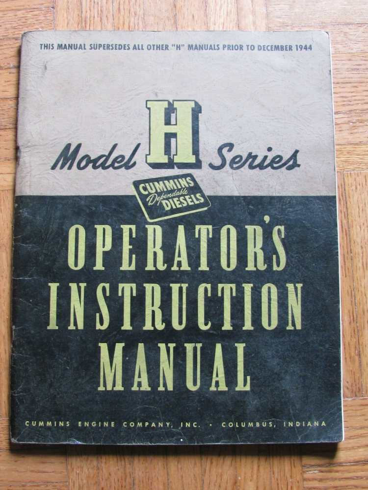 1944 Cummings Diesel Engine Model H Series Operator's Instruction Manual Book