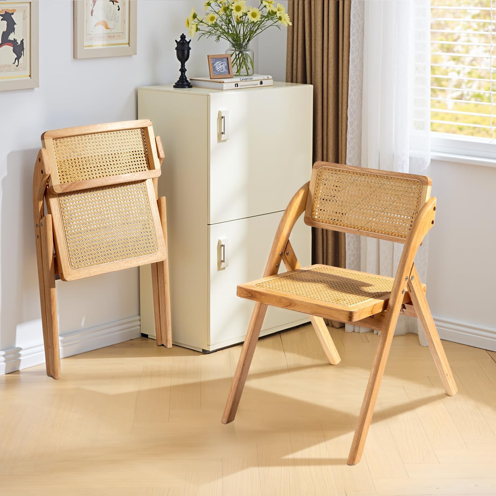 Wooden Rattan Folding Chairs 2 Pack, Portable Folding Chairs for Indoor