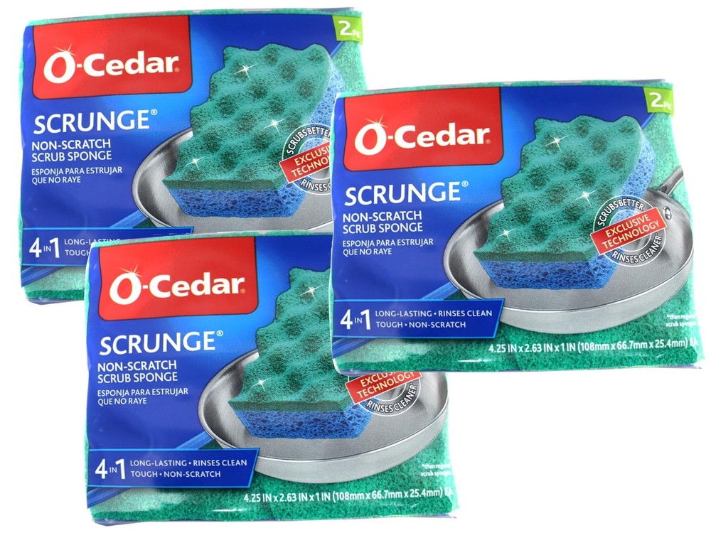 O-Cedar Scrunge Multi-Use Sponge Non-Scratch Long-Lasting, Tough, 2 Count 3 Pack
