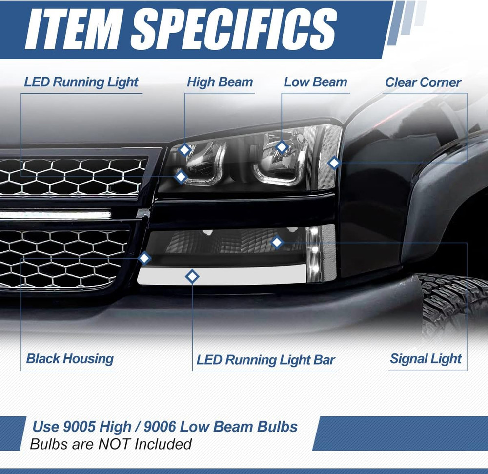 LED DRL Headlights Assembly Compatible with 2003-2007 Chevy Avalanche Silverado