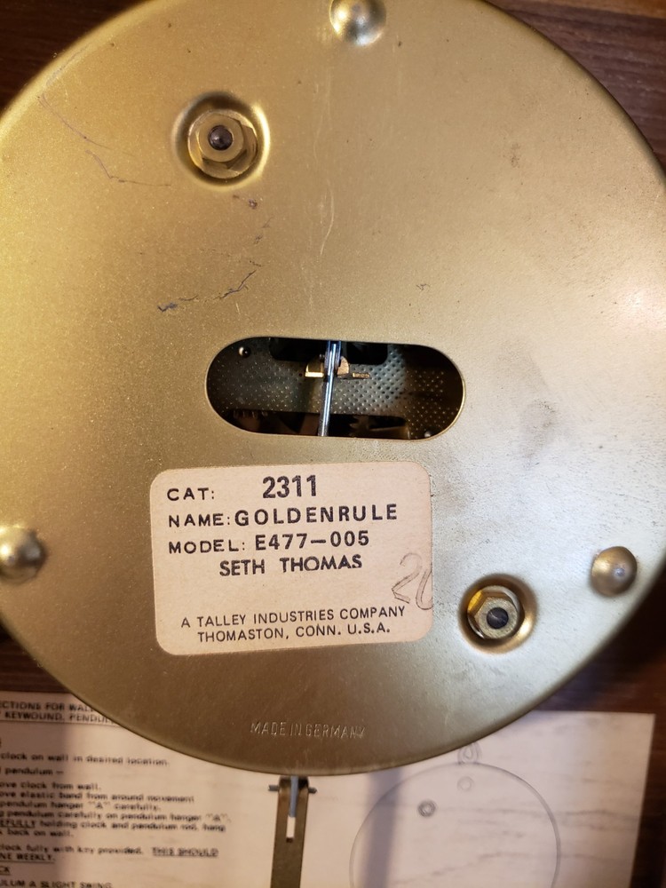 Seth Thomas Golden Rule Pendulum Wall Clock E477-005 Untested
