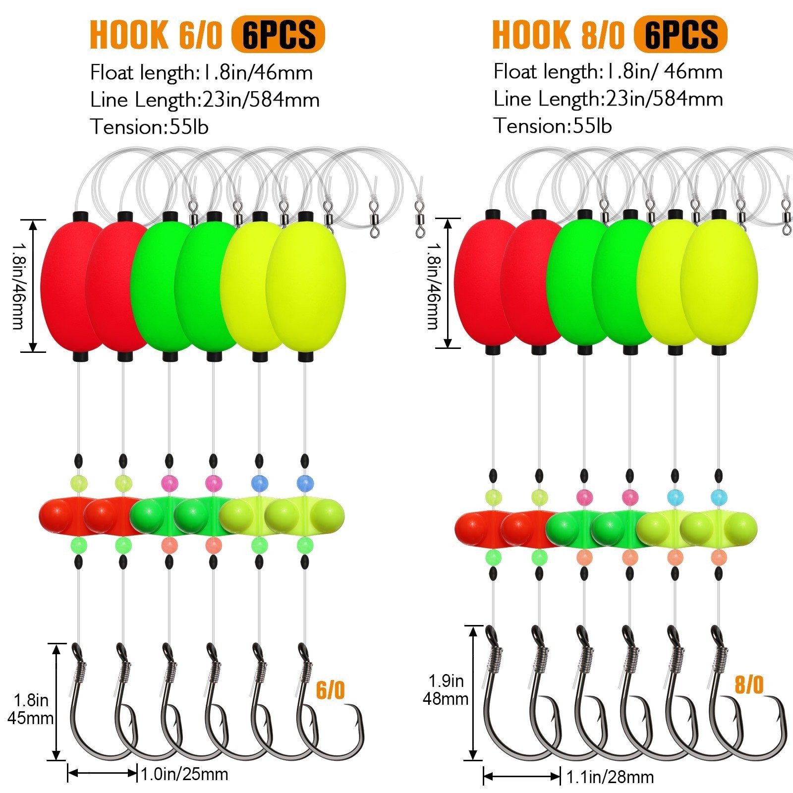 Dovesun 6PCS Catfish Rigs with Oval Float, 8/0 Circle Hooks, Double Rattle Beads