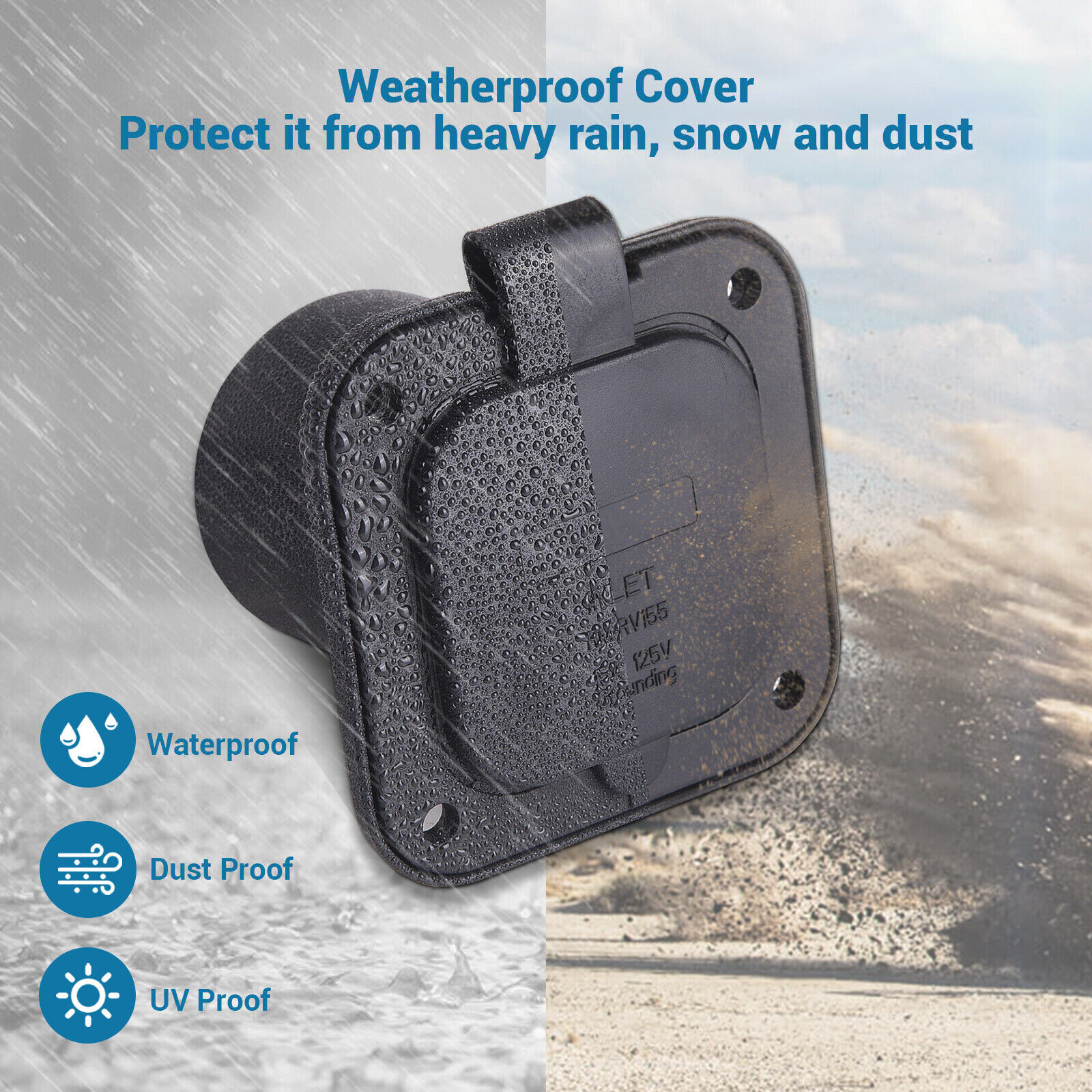 15 Amp Flanged Inlet 125V NEMA 5-15 RV Shore Power Inlet Plug w/Waterproof Cover