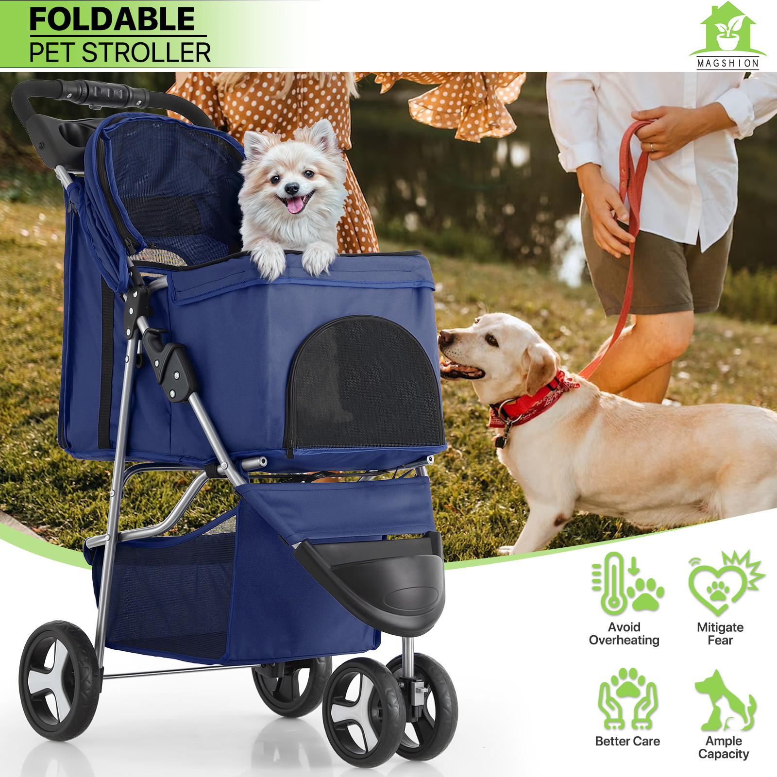 Blue Foldable Dog Stroller Small Medium Pet Travel Cage Carrier Cart w/Sunshade