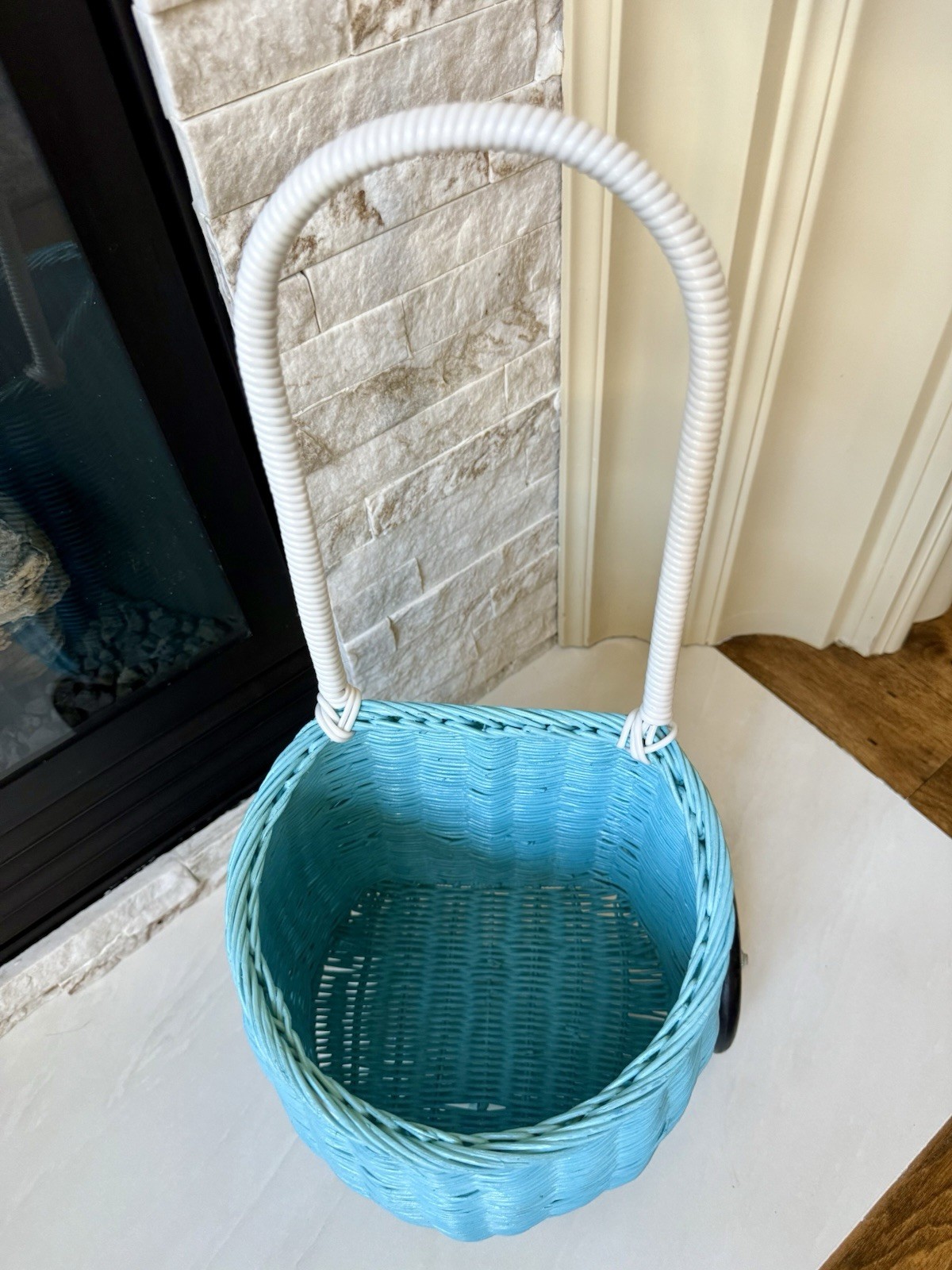 Antropologie Olli Ella Blue Rattan Luggy Cart Trolly Children Kids Wheel Basket