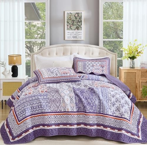 Purle Quilt Set Size,3 Pieces Boho Patchwork Bedspread Coverlet King Purple