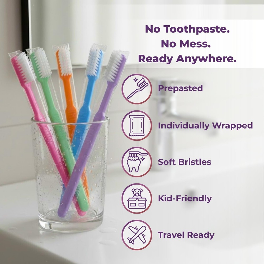 40 Prepasted Disposable Toothbrushes Individually Wrapped - Single Use Pre Pa...