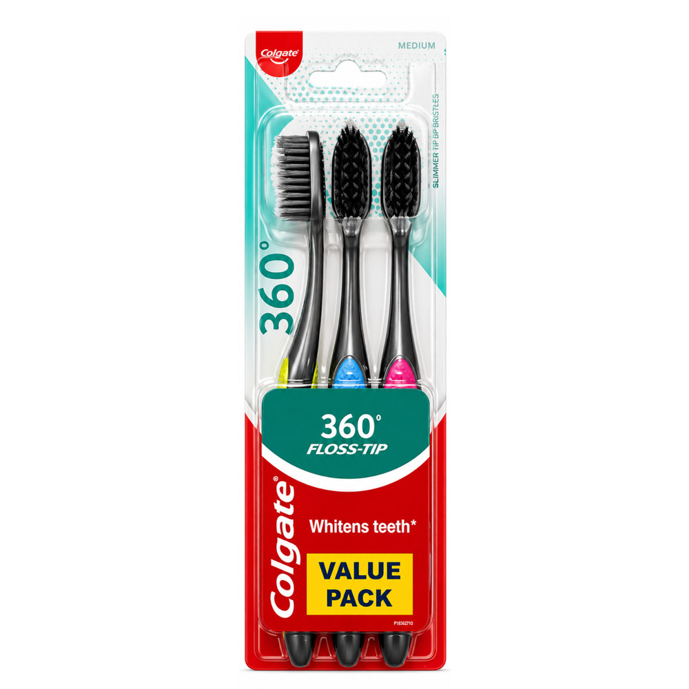 Colgate 360 Floss Tip Toothbrush Medium Value Pack 3 Count Each Assorted Colors