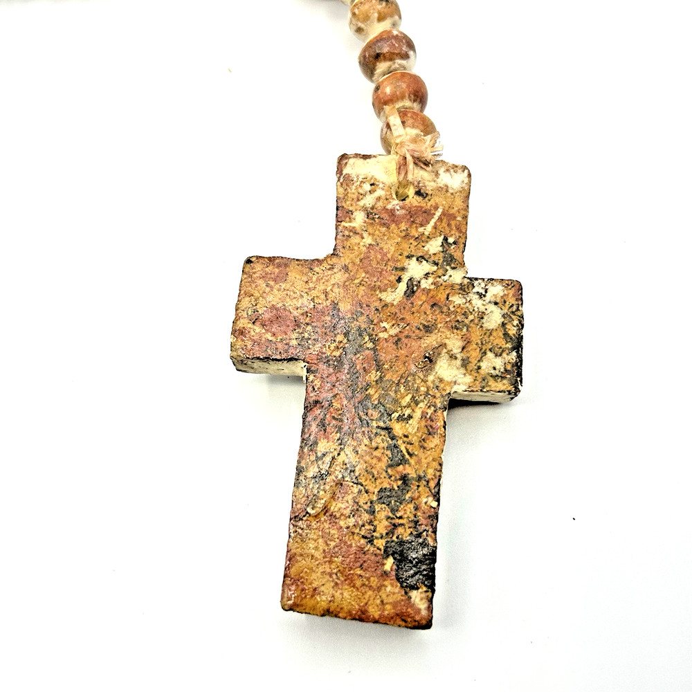 Large Rosary Beads Pottery Clay Distressed Cross Decor 20” New