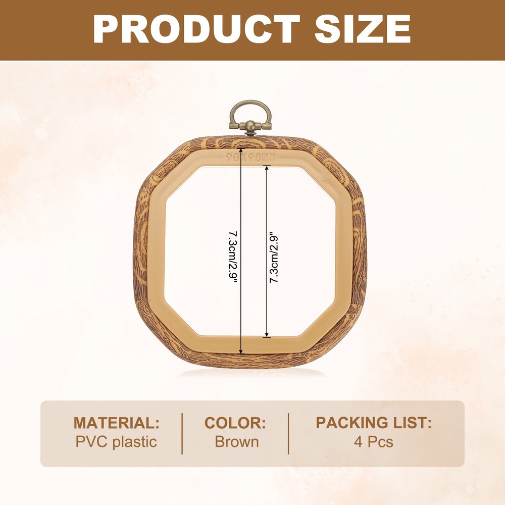 4 Pieces 2.9" x 2.9" Octagonal Embroidery Hoops Frame, Brown