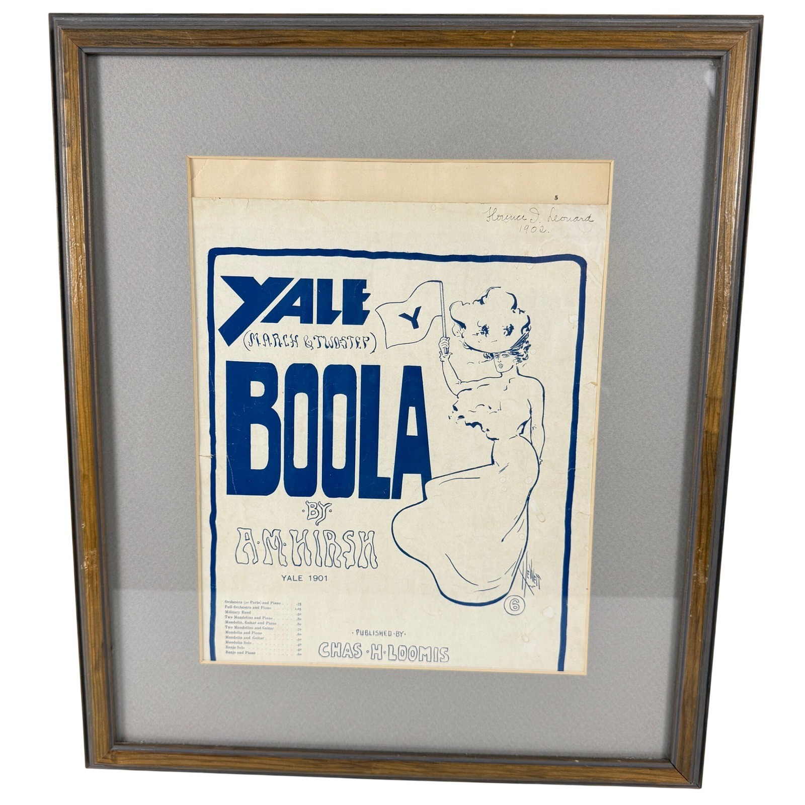 Antique 1901 Yale Boola Framed Sheet Music Art Nouveau Ivy Decor Music Office