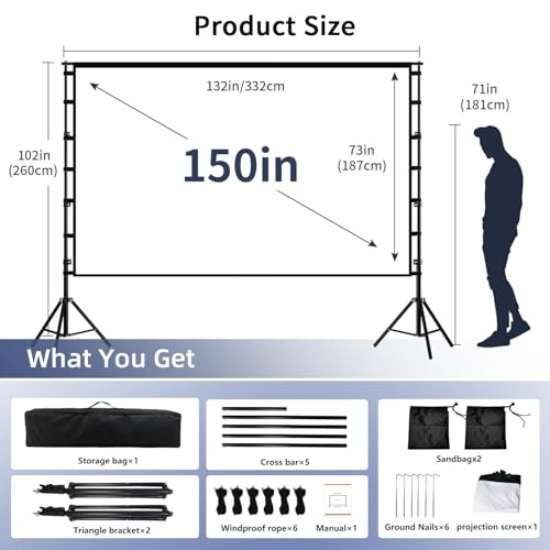 Projector Screen with Stand, Portable and Foldable Projection Screen 150 inch