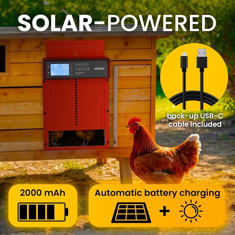 Solar Powered Automatic Chicken Coop Door with Timer/Light Sensor Modes - Red