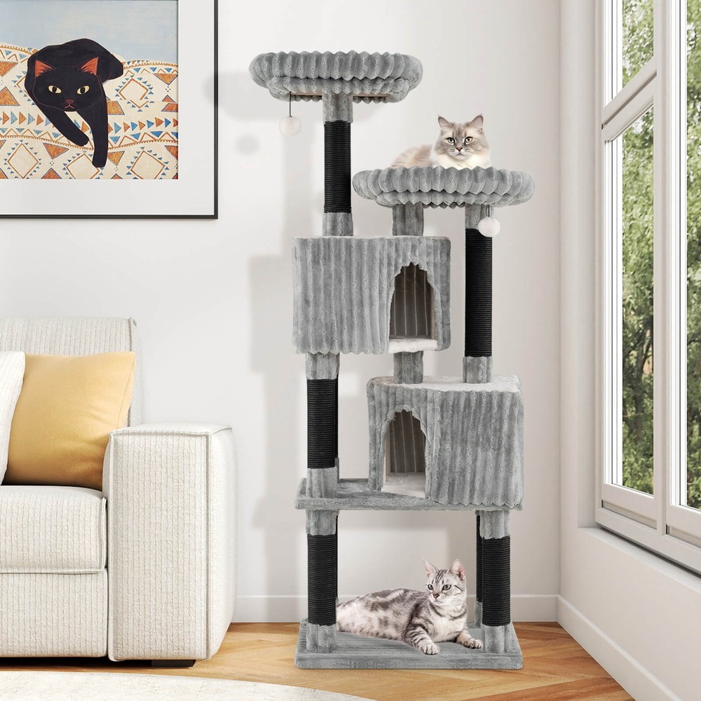 Large Multi-level Cat Tree w/2 Condos, 2 Perch Beds, Scratching Posts, Balls